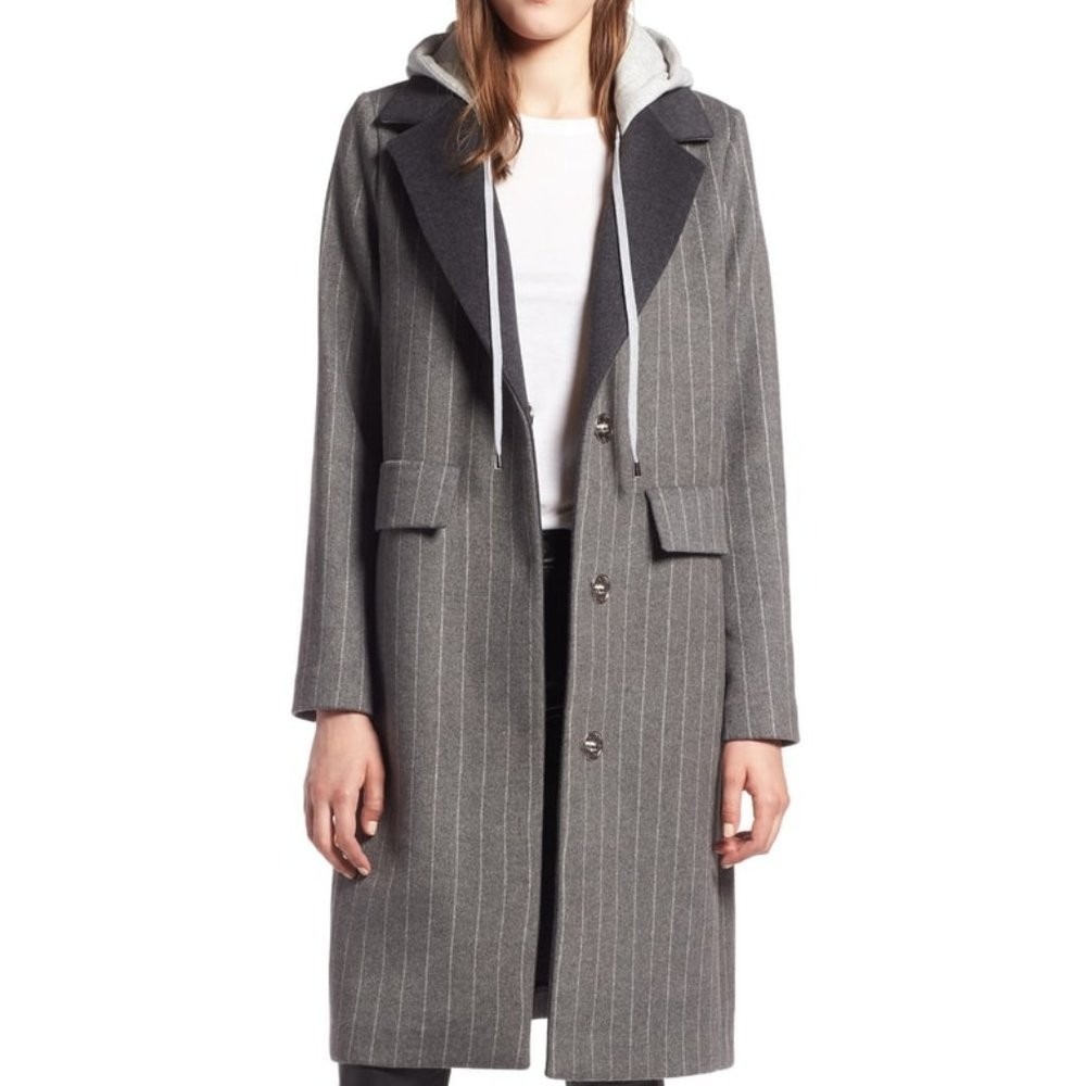 NEW Kendall + Kylie Gray Pinstripe Wool Blend Hooded Longline Coat Women's XL